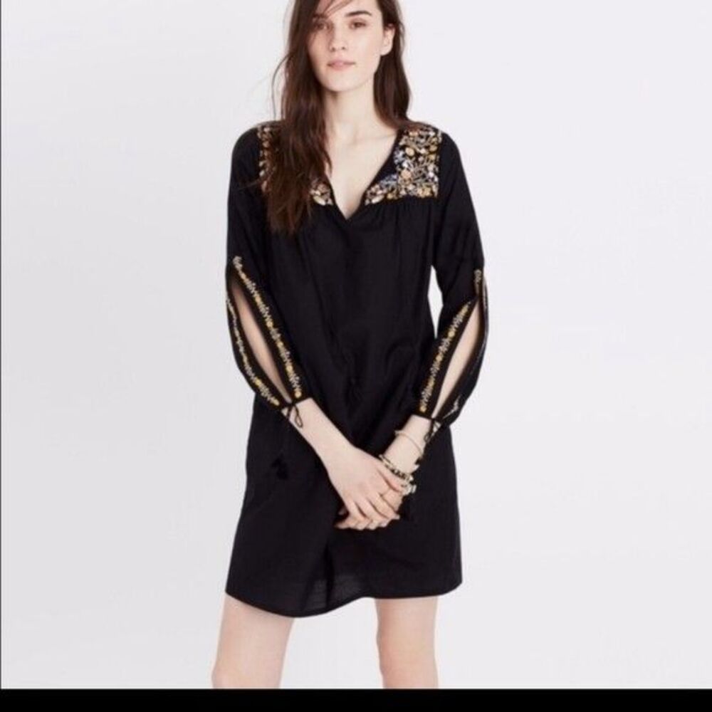Madewell Mini Dress Size Small Black Floral Embroidered Slit Sleeve Cotton Boho